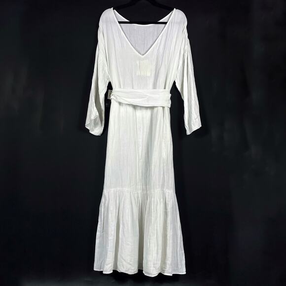 Mara Hoffman Augusta Midi Dress White Tiered Belted Long Sleeve Gauzy Sz M - Picture 9 of 13